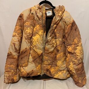Zara Men's Orange Desert Camo Hooded Puffer Jacket Padded Winter Coat Large Warm